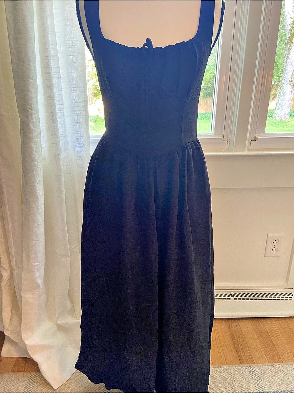 Express Square Neck Smocked Back Dipped Waist Midi Dress Black Small